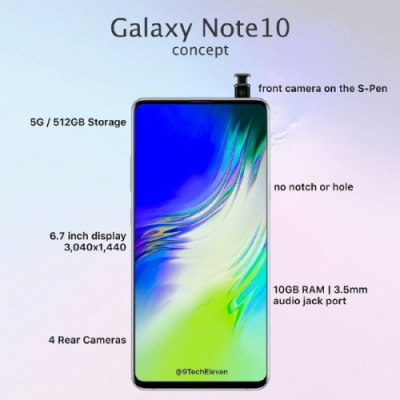 三星Note 10渲染图首曝光 前置摄像头竟然在S Pen上