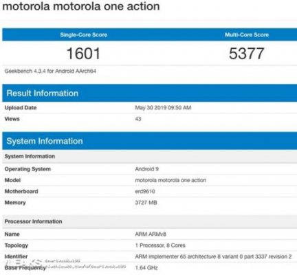 Moto One新机跑分曝光：搭载三星Exynos 9609处理器