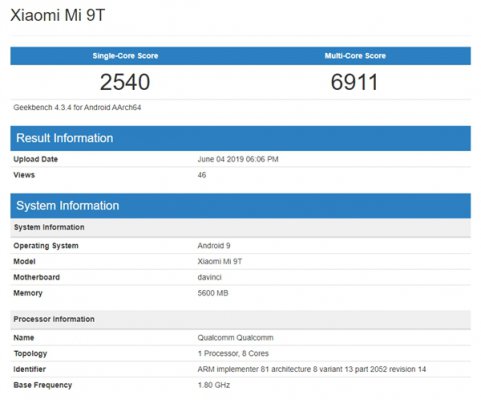 骁龙730加持！小米9T现身GeekBench：6月12日登陆海外市场