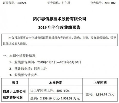 大数据｜拓尔思预计今年上半年净利润同比增长30%至60%
