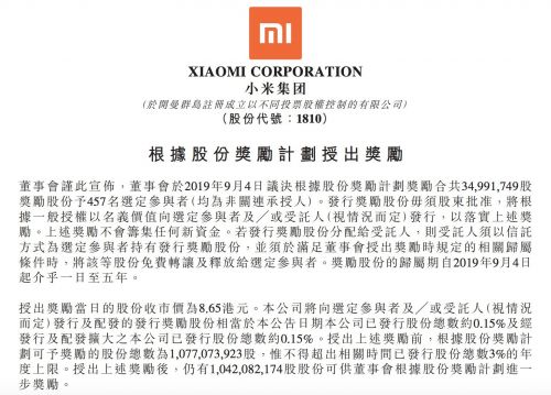小米奖励457名员工3499万股股份 总价值逾3亿港元