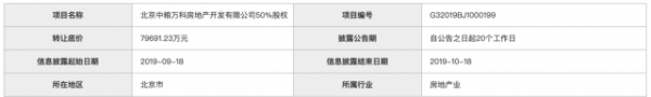 中粮万科7.9亿元挂牌50%股份 曾年入4亿、利润率超57%
