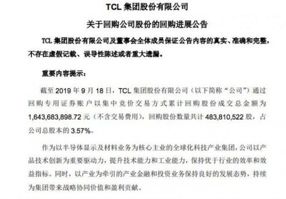TCL集团累计回购3.57%公司股份 斥资16.4亿元