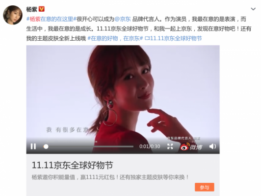杨紫成京东品牌代言人 官宣后第一时间为双十一预热