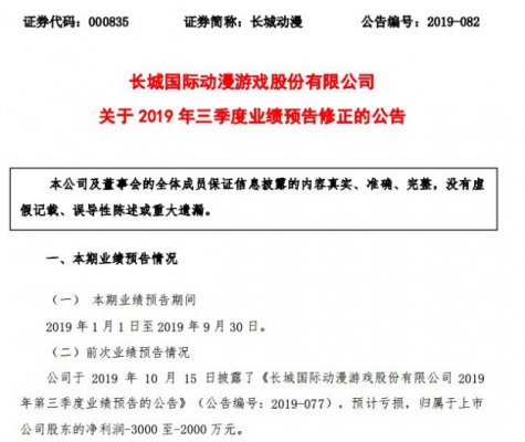长城动漫修正2019年三季度业绩预告：多亏1000万元左右