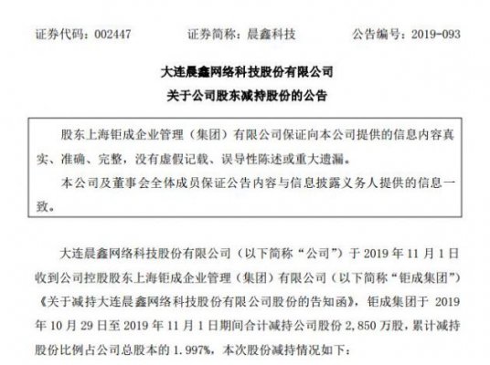区块链｜晨鑫科技控股股东钜成集团减持公司股份2850万股
