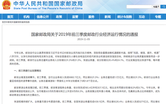 前三季度全国快递业务量完成439.1亿件 同比增长26.4%