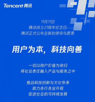 腾讯成立21周年公布新使命愿景：用户为本 科技向善