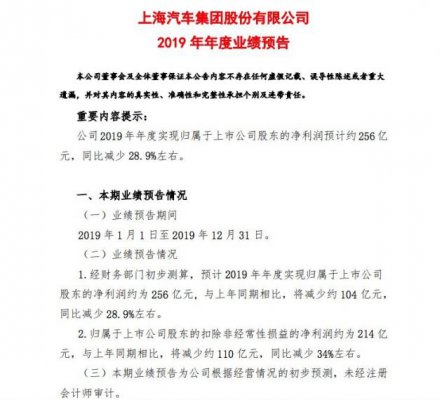 上汽集团：预计全年实现净利润256亿元 同比下降28.9%