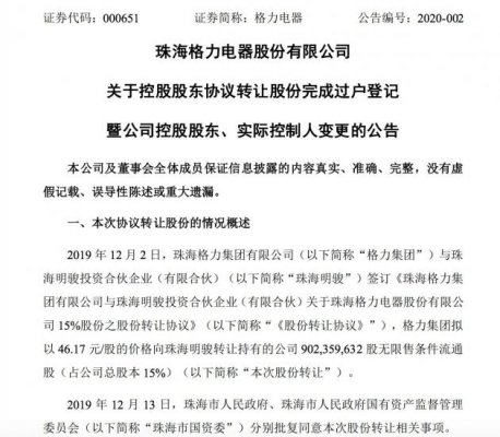 格力电器：控股股东协议转让股份完成过户登记