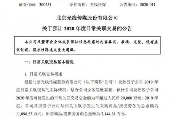光线传媒：预计2020年日常关联交易总额不超2亿元