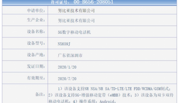 努比亚红魔5G游戏手机获入网许可证：骁龙865+144Hz屏幕