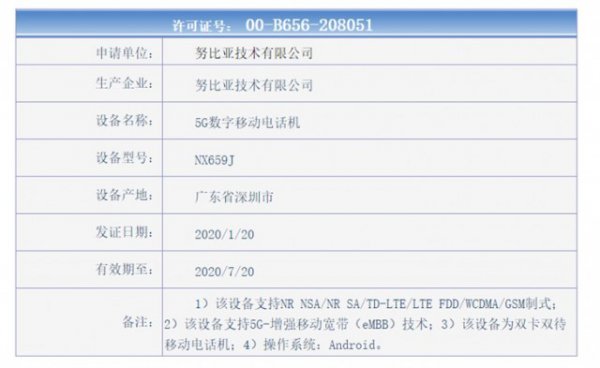 努比亚红魔5G游戏手机获入网许可证：骁龙865+144Hz屏幕