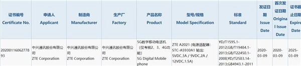 中兴5G新机AXON 11 5G通过3C认证：配18W充电头