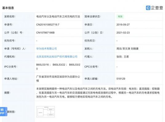 华为公开“电动汽车之间充电的方法”专利