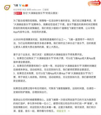 飞猪宣布延期举办大漠赫兹音乐节 重启时将对观众免费开放